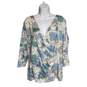 Talbots Women's‎ Blue Cream Floral Faux Wrap Top Size 1X Fairy Botanical Coastal